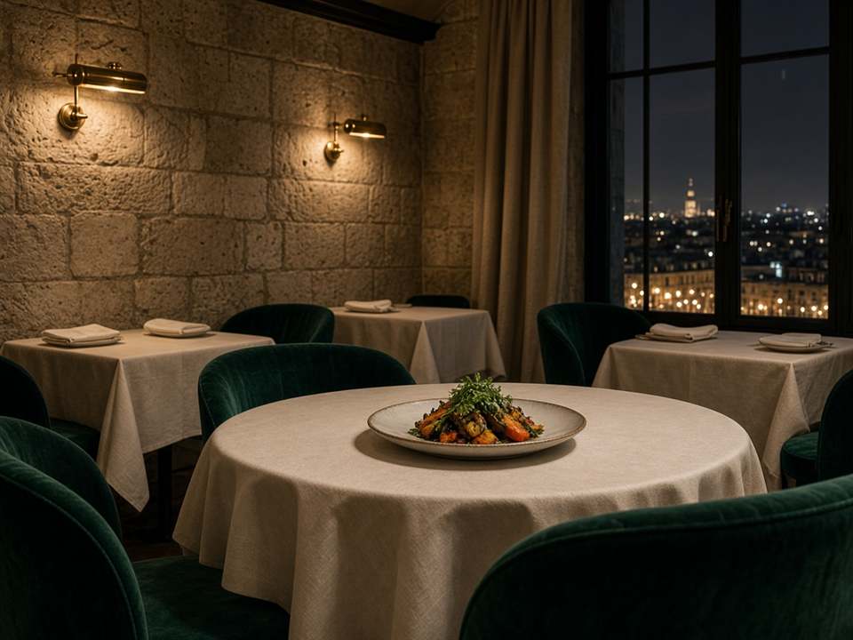 Salle du restaurant GribicMacha, tables nappées et légumes rôtis.